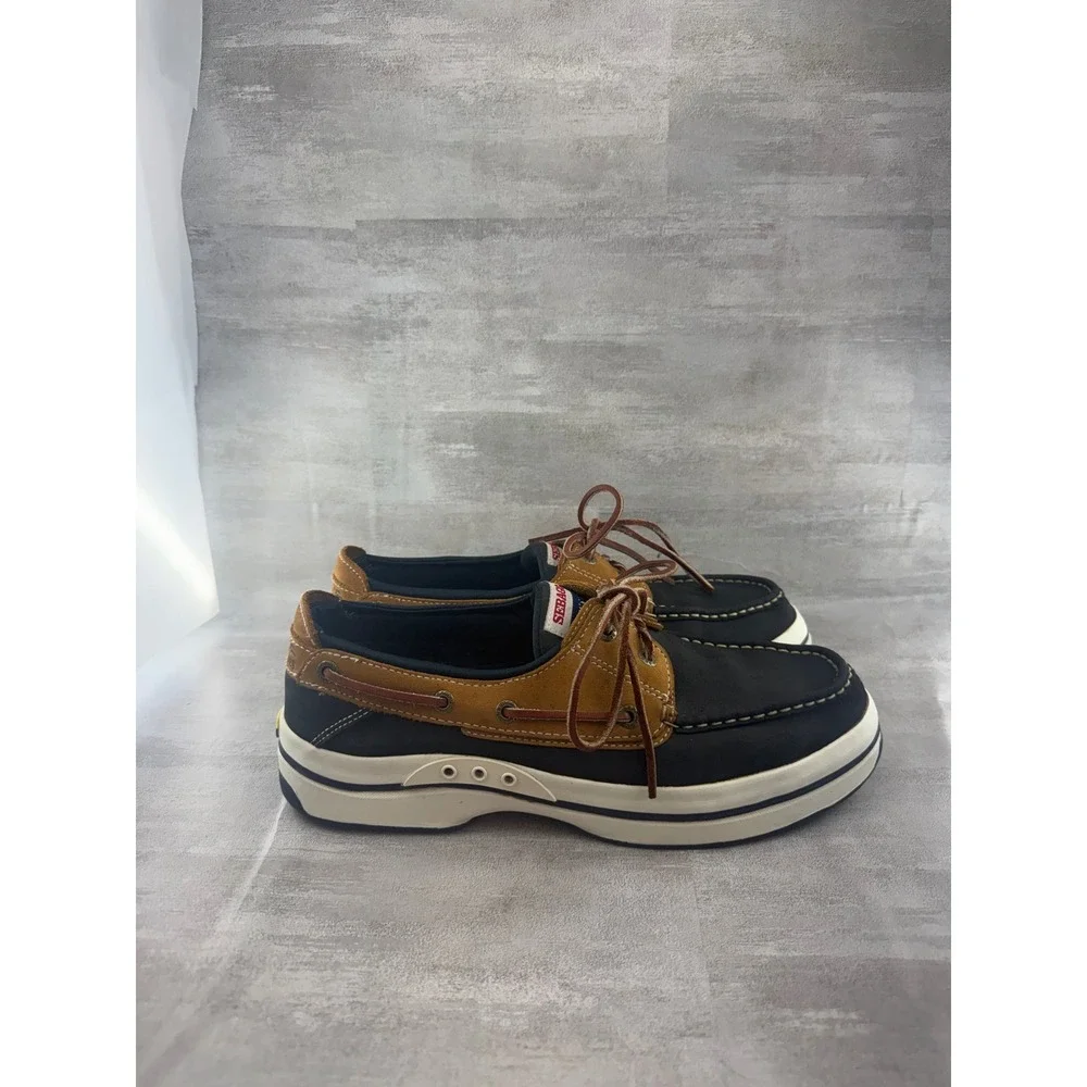 Sebago Docksides Men Sz 9.5M Navy Tan Leather Platform Boat Shoes 254-25